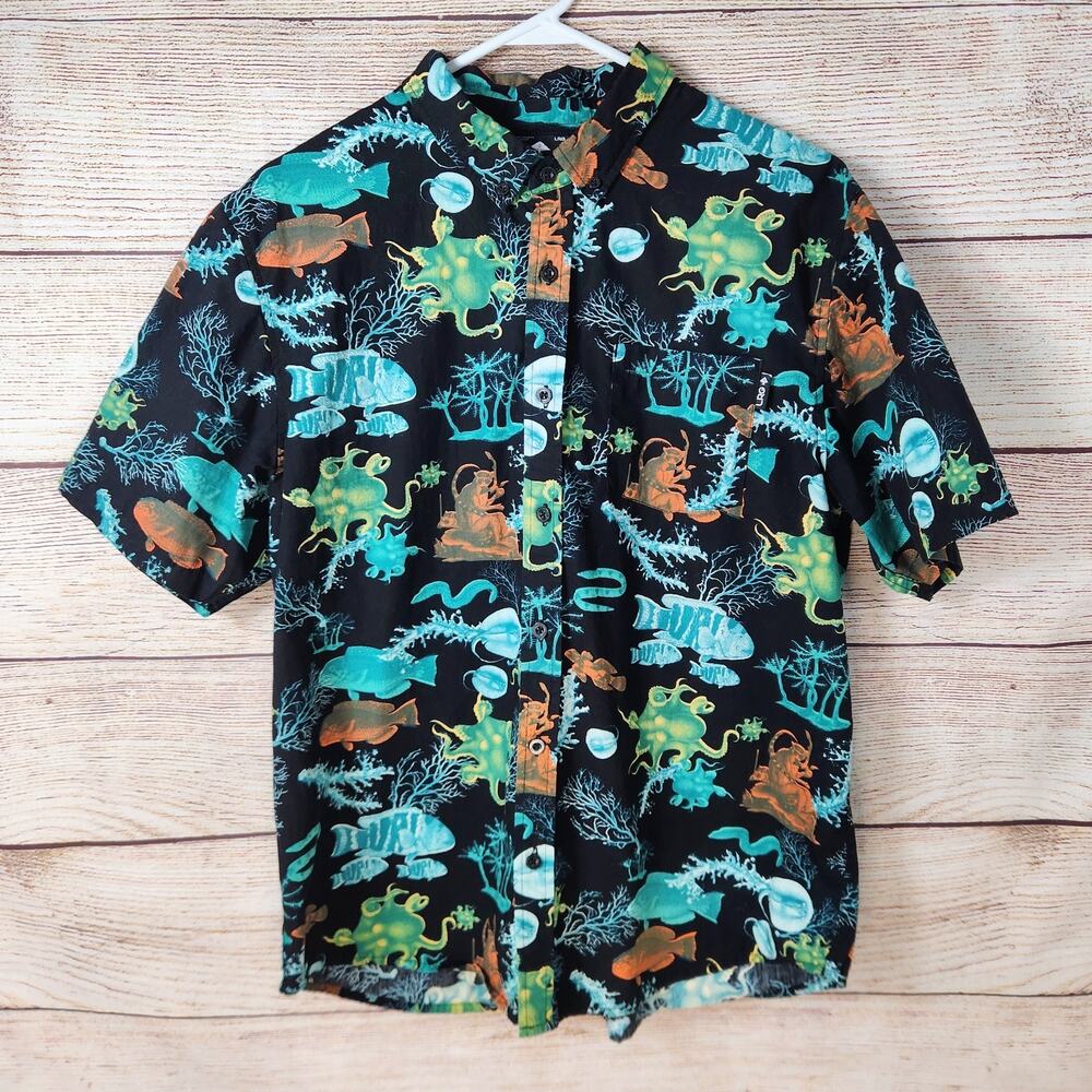 LRG Shirt Men Large Black Button Up Short Sleeve Ocean Fish Octopus Monkey Tiki